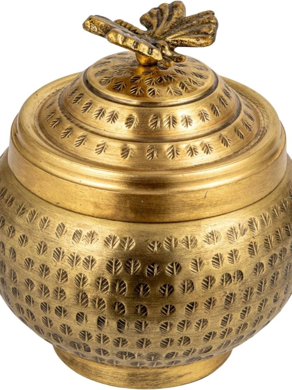 Round Hammered Metal Container with Butterfly Finial, Brass Finish